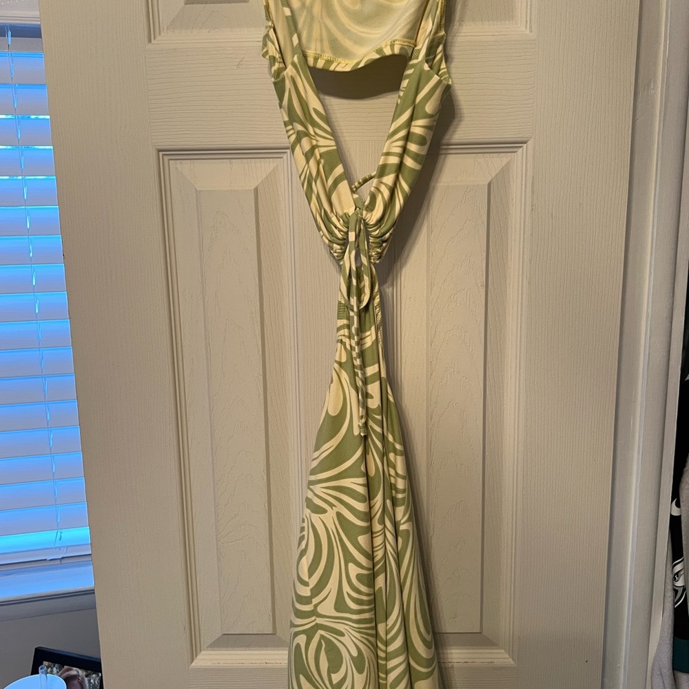 Green and White Patterned Halter Dress